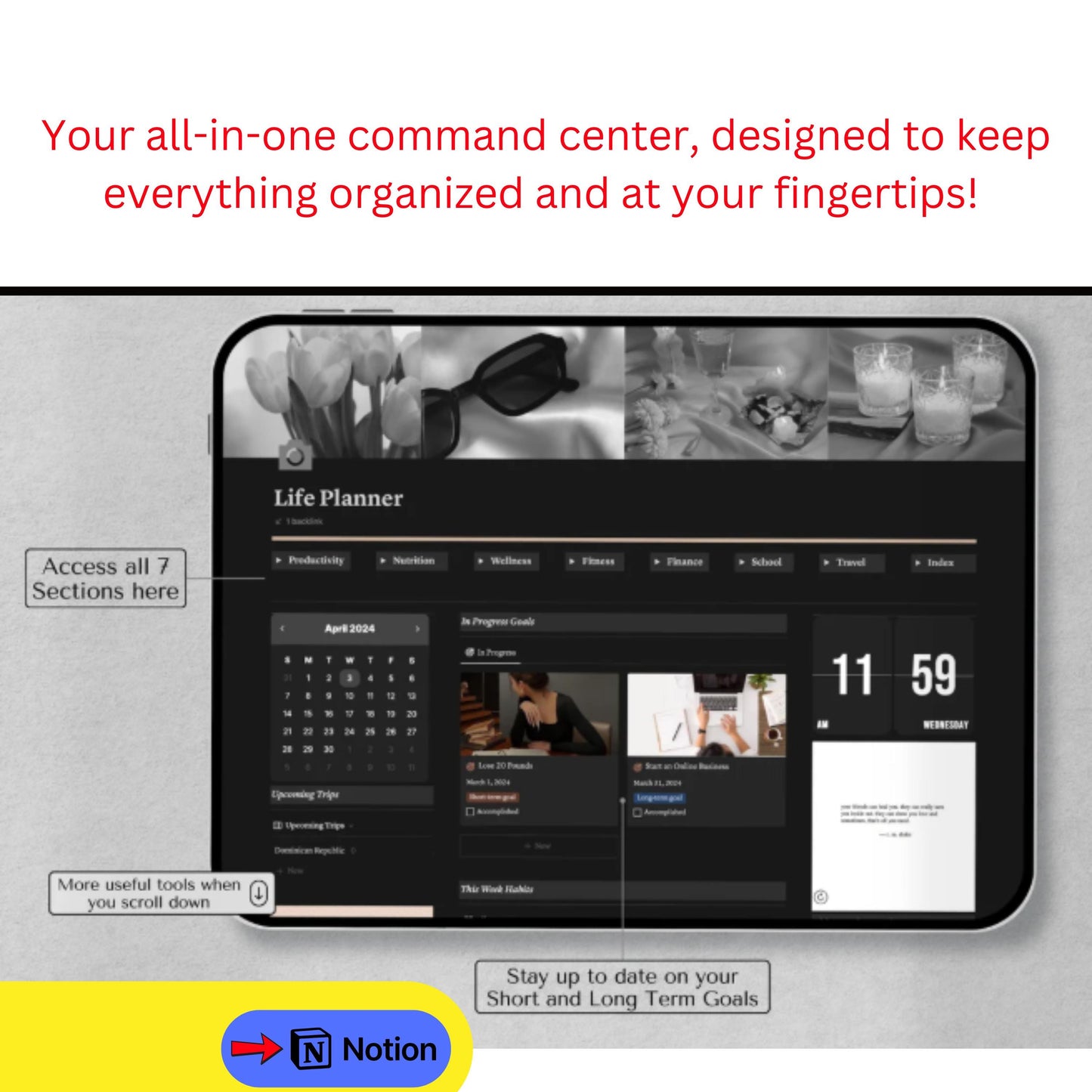 Notion Template - ALL IN ONE, Digital Planner Aesthetic, Dark Mode Notion Ultimate Life Planner, Life Notion Planner Dashboard, Personal