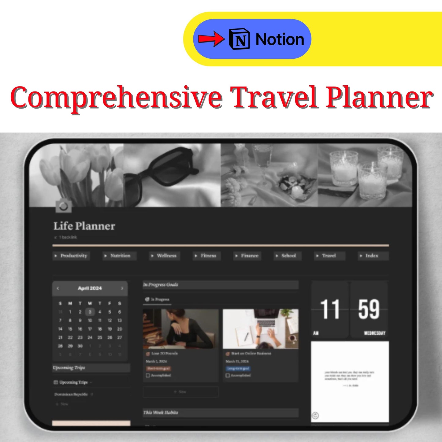 Notion Template - ALL IN ONE, Digital Planner Aesthetic, Dark Mode Notion Ultimate Life Planner, Life Notion Planner Dashboard, Personal