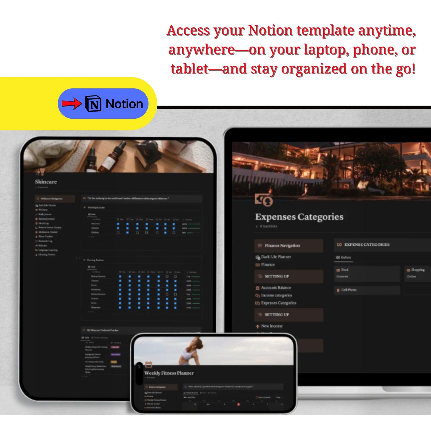 Notion Template - ALL IN ONE, Digital Planner Aesthetic, Dark Mode Notion Ultimate Life Planner, Life Notion Planner Dashboard, Personal