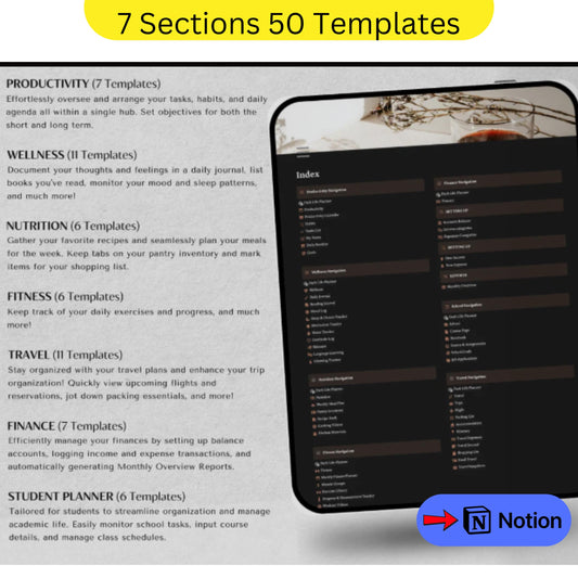 Notion Template - ALL IN ONE, Digital Planner Aesthetic, Dark Mode Notion Ultimate Life Planner, Life Notion Planner Dashboard, Personal
